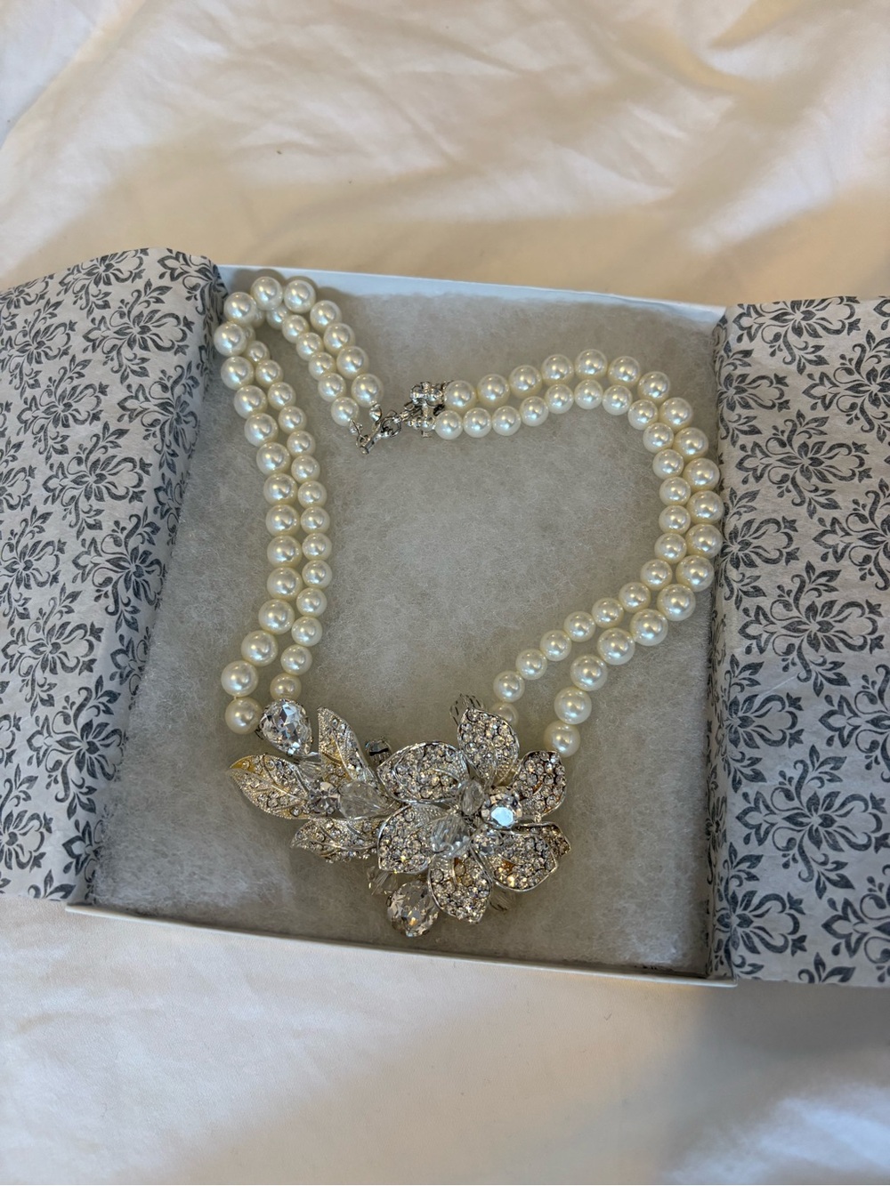 Pearl Double-Row Necklace with Crystal Floral Pendant